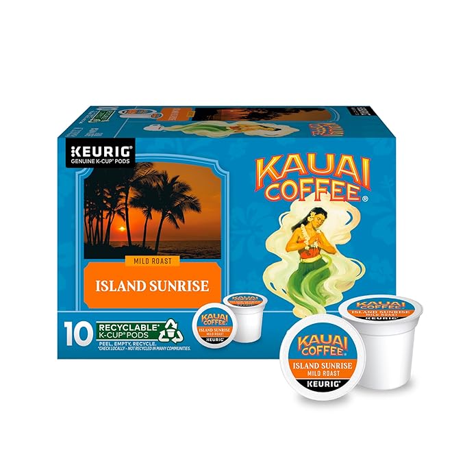 Kauai Coffee K-Cup Pods for Keurig Brewers – Arabica Coffee, 10% Hawaiian – Mild Roast, Light with Bright Aroma – Island Sunrise, 1 Pack of 10 Single Serve K-Cups