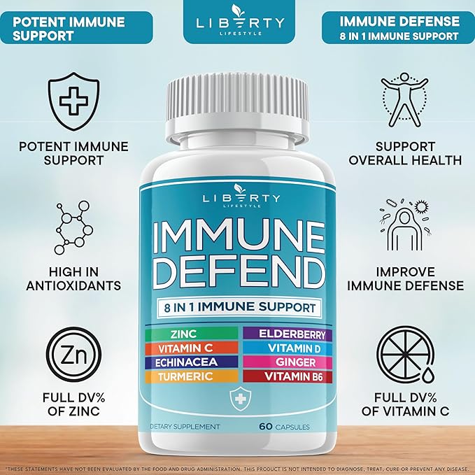 8 in 1 Immune Supplement with Echinacea, Vitamin C and Zinc 50mg, Vitamin D 5000 IU, Turmeric Curcumin & Ginger, B6, Elderberry, 60 Capsules