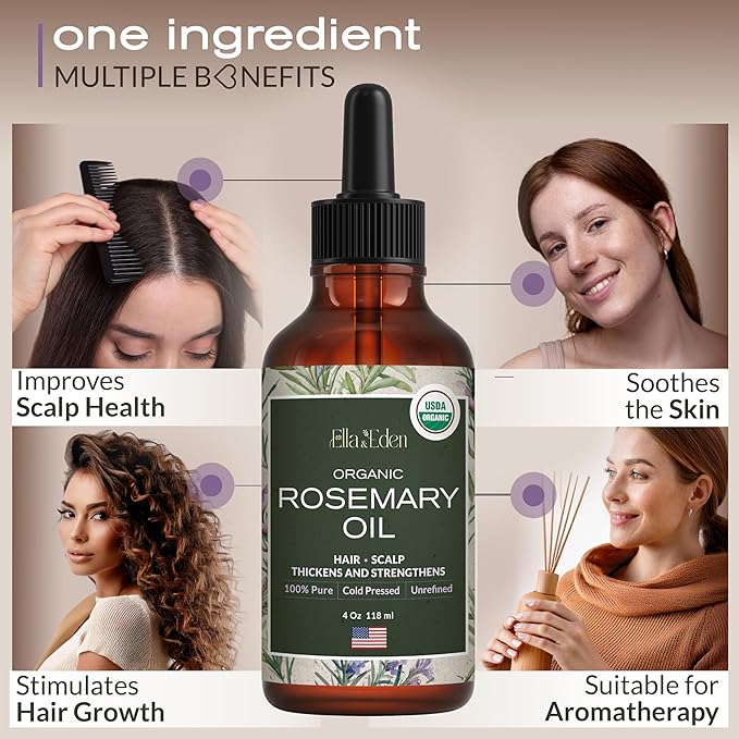 Ella & Eden Organic Rosemary Essential Oil - BIG 4 Fl Oz bottle, 100% Pure, Steam-Distilled, Hexane-Free - for Hair Growth, Skin, Aromatherapy - Glass Bottle