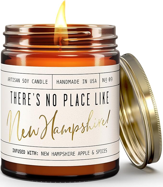 New Hampshire Gifts, New Hampshire Decor for Home - 'There's No Place Like New Hampshire Candle, w/McIntosh Apple & Spice I New Hampshire Souvenirs State Gifts I 9oz Jar, 50Hr Burn, USA Made