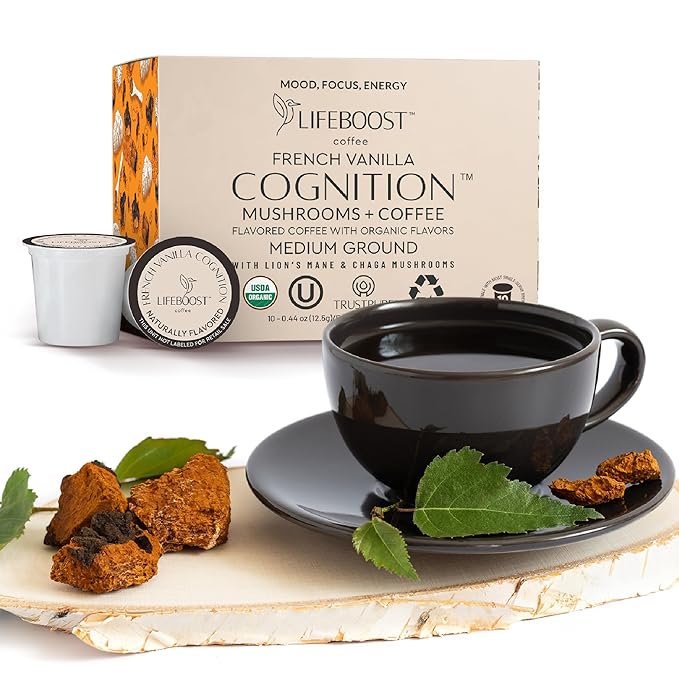 Lifeboost French Vanilla Cognition Mushroom Coffee Pods - Low Acid Organic K-Cups with Lion’s Mane & Chaga Nootropic Mushrooms for Focus, Energy & Immune Support - 10 Count