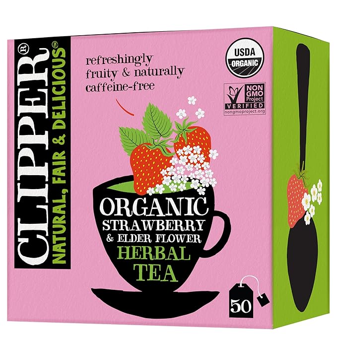 Clipper Tea Strawberry & Elderflower Herbal Tea – Caffeine Free, USDA Organic, Great Hot or Iced – Refreshingly Fruity, Natural, Fair & Delicious – 50 Tea Bags