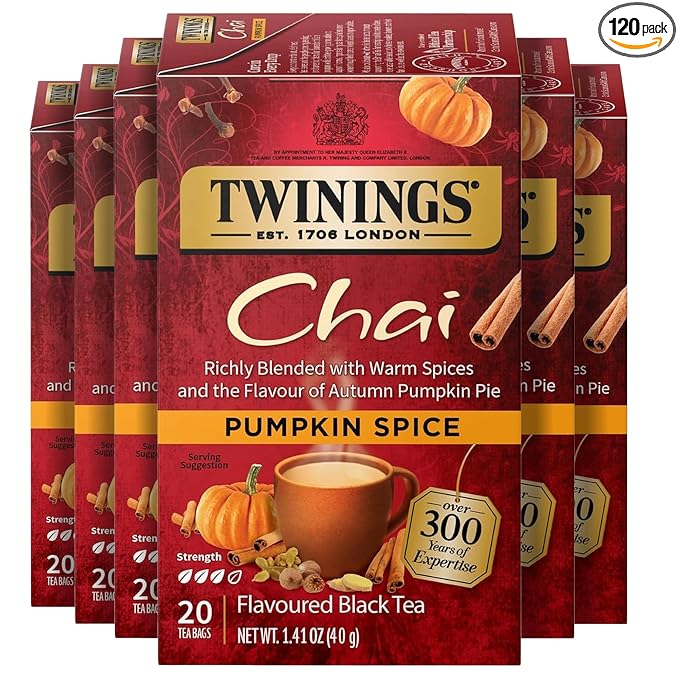 Twinings Pumpkin Spice Chai Black Tea Individually Wrapped Bags, 20 Count (Pack of 6), Warm, Spicy & Aromatic, Caffeinated, Enjoy Hot or Iced, 120 Teabags