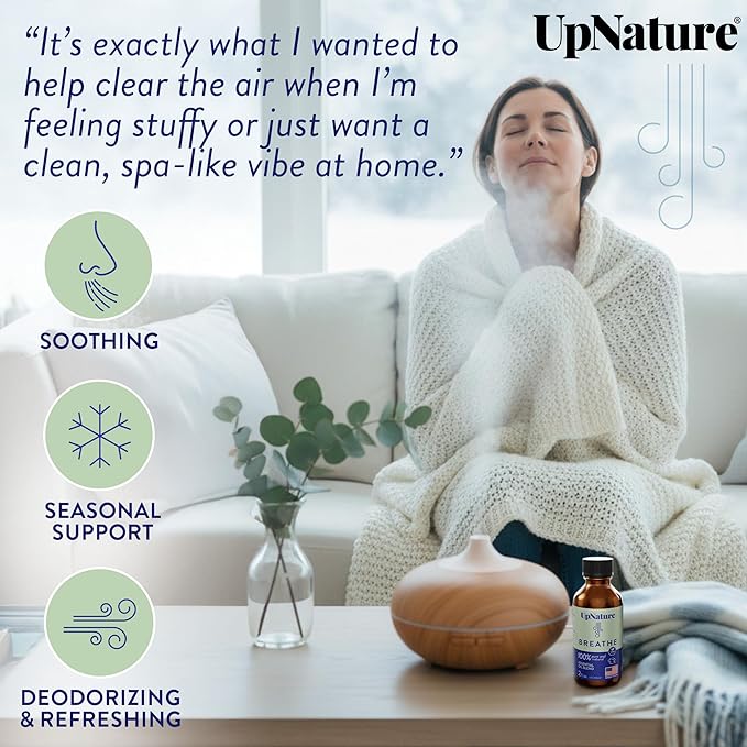 UpNature Breathe Essential Oils Blend (Large 2oz) Essential Oils for Diffusers for Home Humidifier Vaporizer Liquid, Eucalyptus and Menthol Blend, Aromatherapy Oils