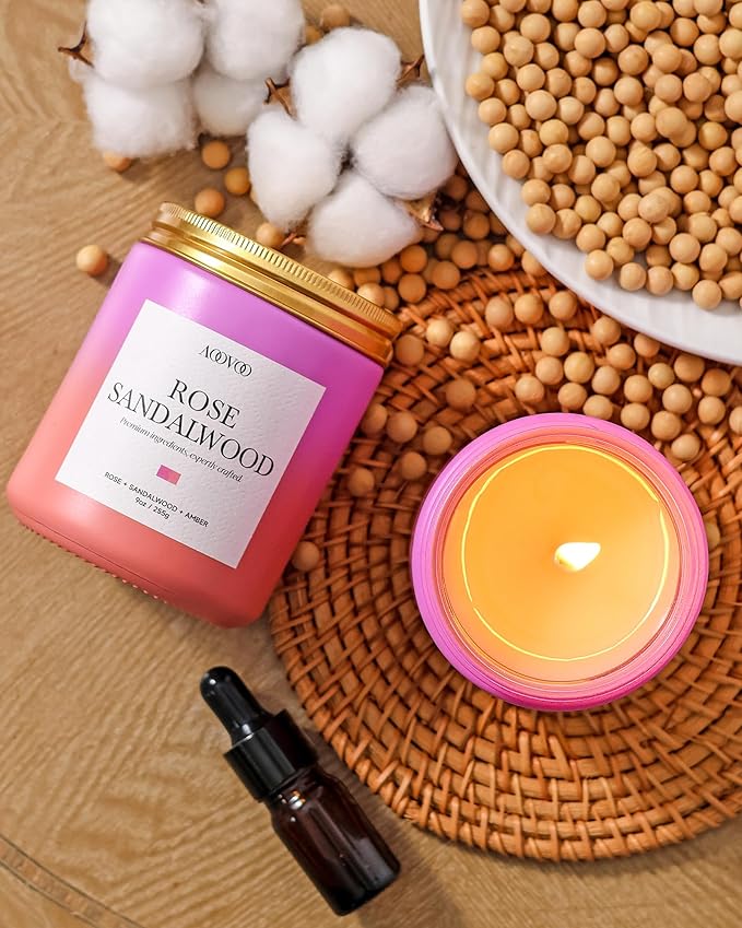 AOOVOO Rose Sandalwood Candles - Scented Candle Gift for Women, 9oz Soy Candle, 50 Hours Burn, Jar Candle for Home Scented, Relaxing, Stress Relief Candles