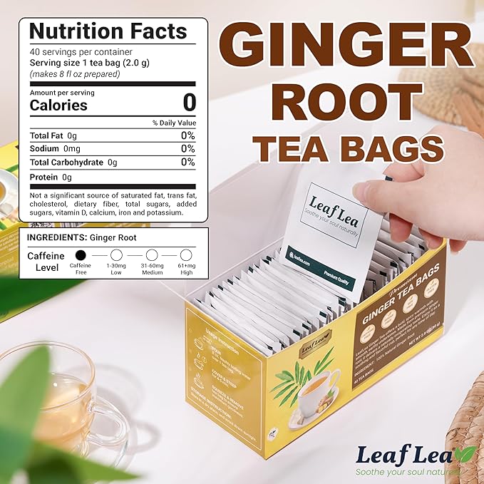 LeafLea 100% Pure Ginger Root Tea Bags – Spicy & Warming Herbal Tea, Supports Digestion & Immune Health, Individually Wrapped, Non-GMO, Caffeine Free, Sugar Free, No Gluten