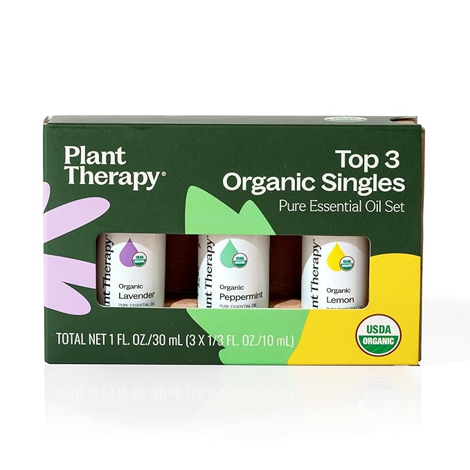 Plant Therapy Top 3 Organic Essential Oil Singles Set 10 mL (1/3 oz) Lemon, Lavender & Peppermint 100% Pure Essential Oils, Undiluted, Natural Aromatherapy for Diffusion and Body Care