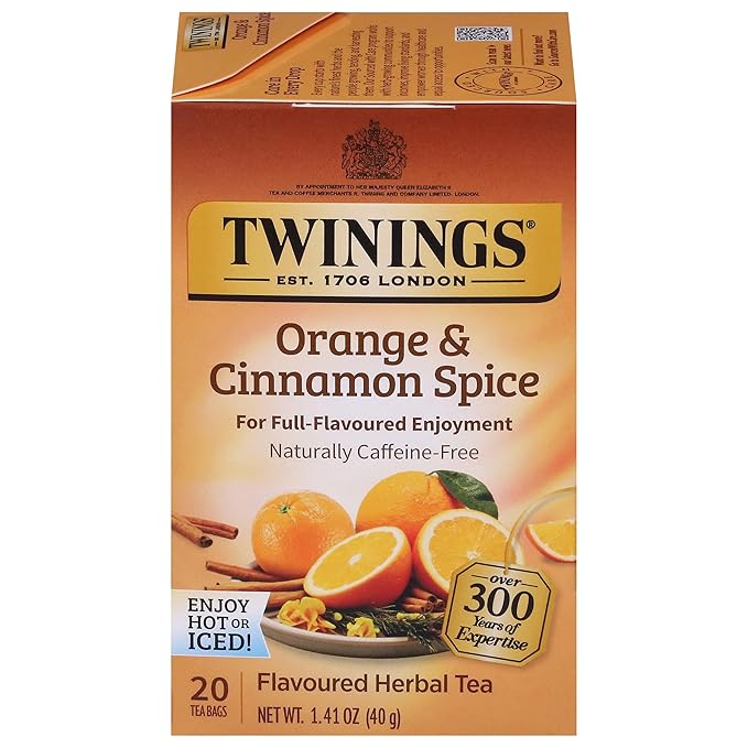Twinings Orange & Cinnamon Spice Herbal Tea Individually Wrapped Bags, 20 Count (Pack of 1), Naturally Caffeine-Free, Enjoy Hot or Iced, 20 Teabags