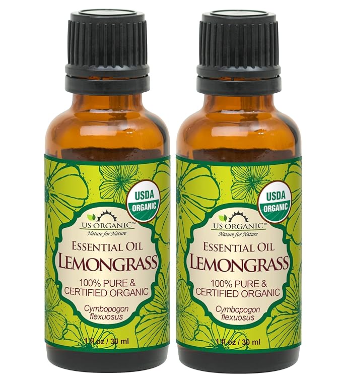 US Organic 100% Pure Lemongrass Essential Oil, USDA Certified Organic, Extracted by Steam Distillation Method, for Hair, Nail Polish Remover, Bees Attraction, and More. 30 ml, Value 2 Pack
