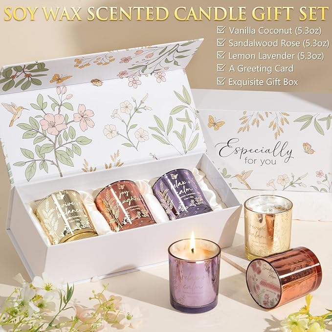 Scented Candles for Women, 3 Pack Candle Set Soy Candles for Home Scented Holiday Votive Candle Gifts Set, Valentine's Day Birthday Gifts for Women Her -Vanilla Coconut/Sandalwood Rose/Lemon Lavender