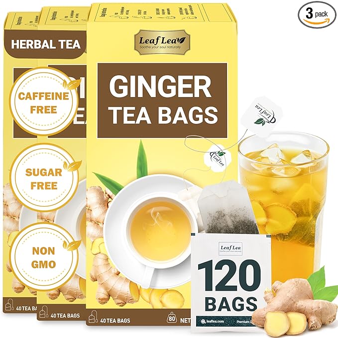 LeafLea 120 Ginger Tea Bags, 100% Pure Ginger Root Herbal Tea, Spicy & Warming Flavor, Supports Digestion & Immune Health, Individually Wrapped, Caffeine-Free, Sugar-Free, Gluten-Free, Non-GMO, Vegan