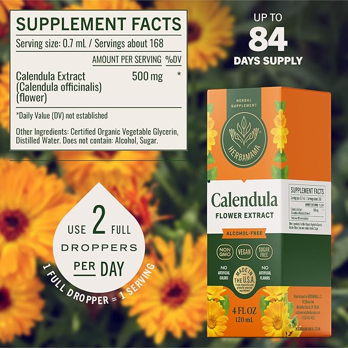 HERBAMAMA Calendula Tincture - Vegan Antioxidant & Detox Support with Calendula Herb Extract Drops - Non-GMO, Alcohol & Sugar-Free Liquid Supplement, 84-Day Supply