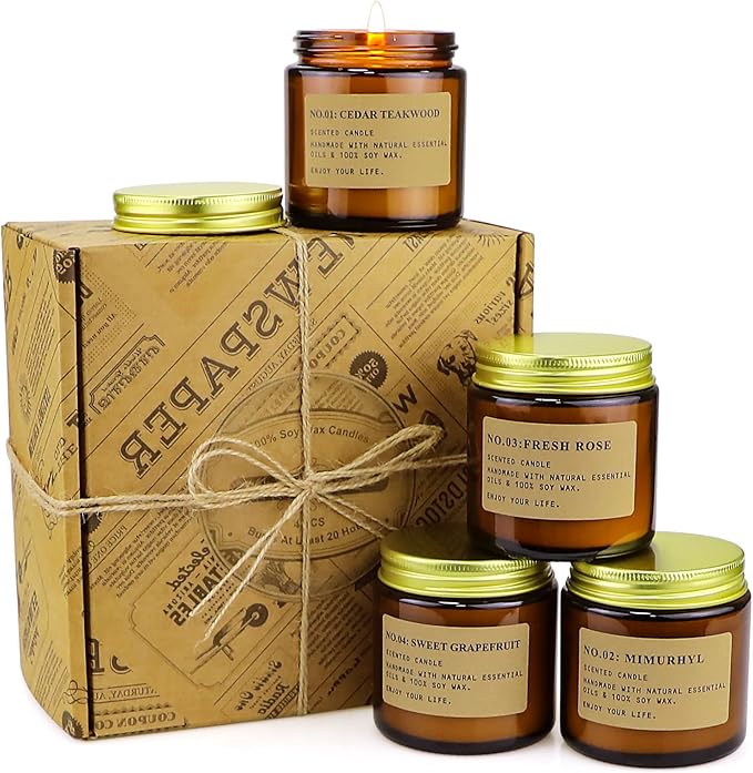 YFYTRE 4 Pack Scented Candle Set Soy Wax Candles, Aromatherapy Candles for Home Decoration, Jar Candles Gift for Women Mother with Amber Glass Jars and Kraft Wrapping