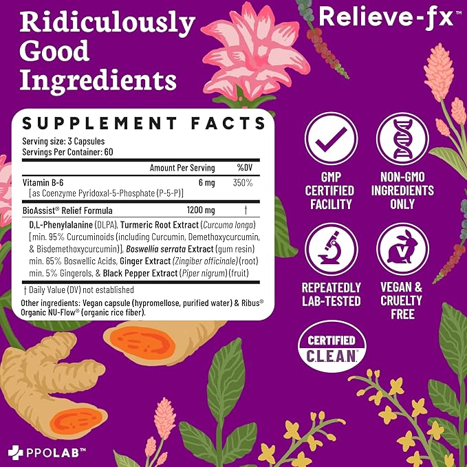 PPO Lab Relieve-fx™ DLPA Boswellia Turmeric Ginger Supplement - Curcumin, Boswellic Acid, Black Pepper - Capsules for Stress Relief, Heart, Digestion, Muscle Cramp, Joint, Healthy Inflammation - 180ct