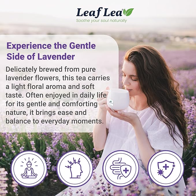 LeafLea 80 Premium Lavender Tea Bags, 100% Natural & Pure from Lavender Flowers, Nighttime Comfort & Digestive Support, Floral Aroma and Smooth Taste, Caffeine-Free, Sugar-Free, Individually Wrapped