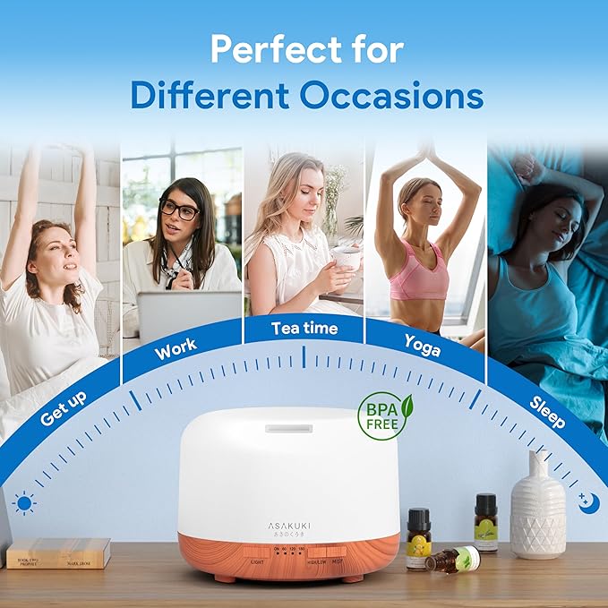 ASAKUKI Essential Oil Diffuser 500ml, Ultrasonic Aromatherapy Humidifier with Remote Control, 7 LED Colors, Timer & Auto-Off, Large Room Diffuser