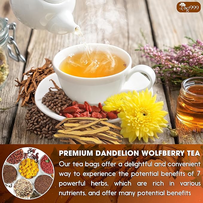 TOG999, Organic Dandelion Wolfberry Tea, 9 Herbal Ingredients, Traditional Recipe Tea for Kidney & Liver, Natural Dandelion, Wolfberry, Gardenia, Cassia Seed, Chrysanthemum, Licorice, Orange Peel