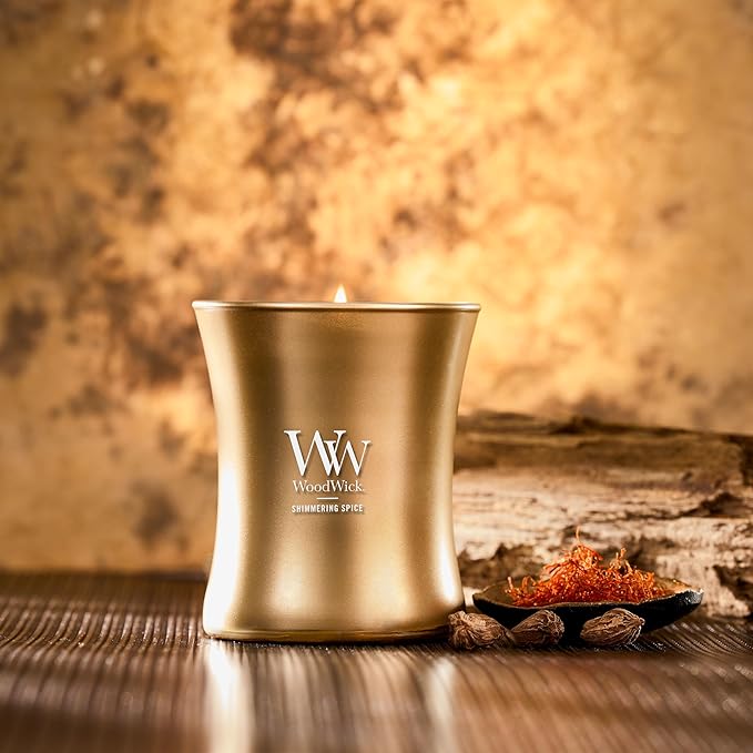WoodWick Shimmering Spice Scented Candle, Crackles as it Burns, Precious Metals Collection, Home Décor, Gifting, 9.7oz