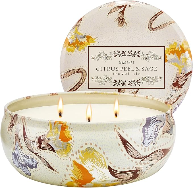 M&SENSE 3 Wick Soy Candles for Home Scented, Citrus & Sage Scented Aromatherapy Candle for Stress Relief, 12oz 40 Hour Burn Time, Highly Scented Candle Gift