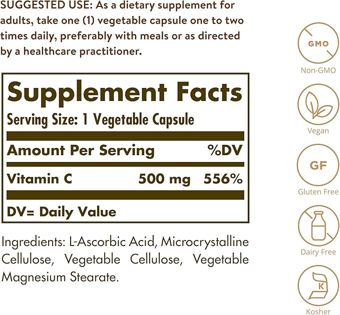 Solgar Vitamin C 500 mg, 250 Vegetable Capsules - Antioxidant & Immune Support - Overall Health - Supports Healthy Skin & Joints - Non-GMO, Vegan, Gluten Free, Kosher - 250 Servings