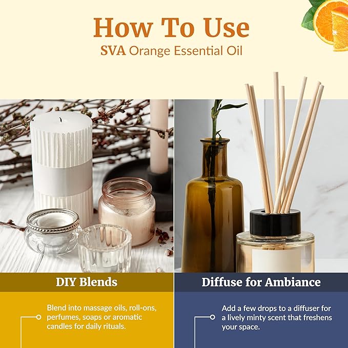 SVA Orange Essential Oil – 4 Fl Oz – 100% Natural Orange Oil - for Diffuser, Hair Care, Face, Skin Care, Aromatherapy, Scalp and Body Massage, Soap and Candle Making - with Dropper