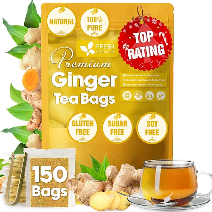 FreshDrinkUS, 150 Premium Ginger Tea Bags, Non GMO, 100% Natural & Pure from Ginger Root, Root Herbal Tea. No Sugar, No Caffeine, No Gluten, Vegan. Support Stronger Digestion, Pleasantly Spicy & Warming