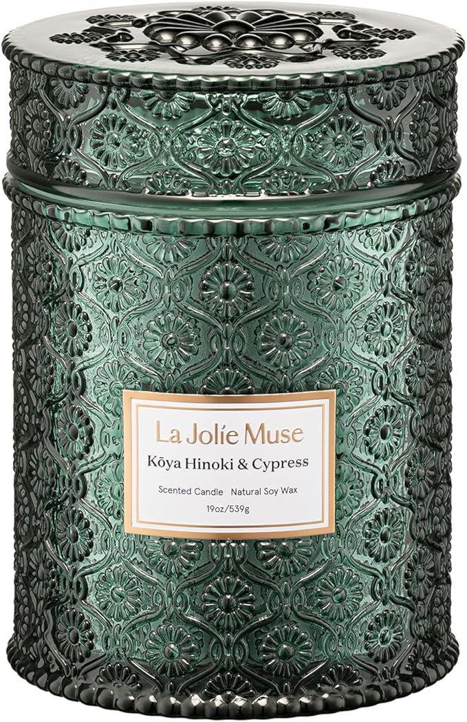 LA JOLIE MUSE Christmas Candle | Kōya Hinoki & Cypress | Pine, Hinoki & Cedarwood | 19 oz Wooden Wick Soy Candle | 90-Hour Burn | Cozy Winter & Christmas Gift