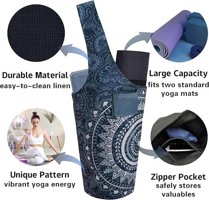 saniwu Yoga Mat Bag Carrier for Women with Side Large Pocket Durable Linen Workout Gym Travel Storage Pilates Mats