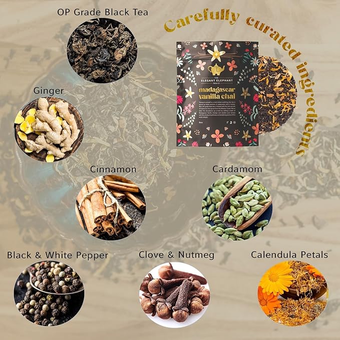 Madagascar Vanilla Chai Tea, Organic Loose Leaf Chai Tea – Black Tea with Chai Spice Blend – Great Hot or Iced Chai Latte – 8 oz Resealable Bag (Makes 100 Cups) – The Elegant Elephant