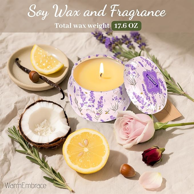 WarmEmbrace Scented Candles for Women, 4 Pack Soy Candle Set, 4.4OZ Candles for Home Scented, Candle Gift Set for Women, Lavender/Coconut and Christmas Holiday Candles, Total 120H Burning Time