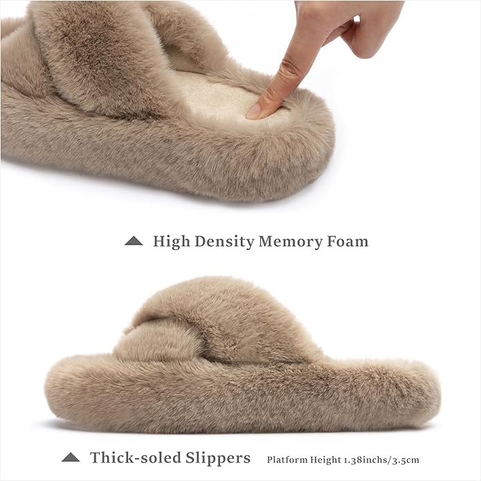 Chantomoo Women's Blue Memory Foam Faux Fur Lined Open Toe Slippers for Women - US 12