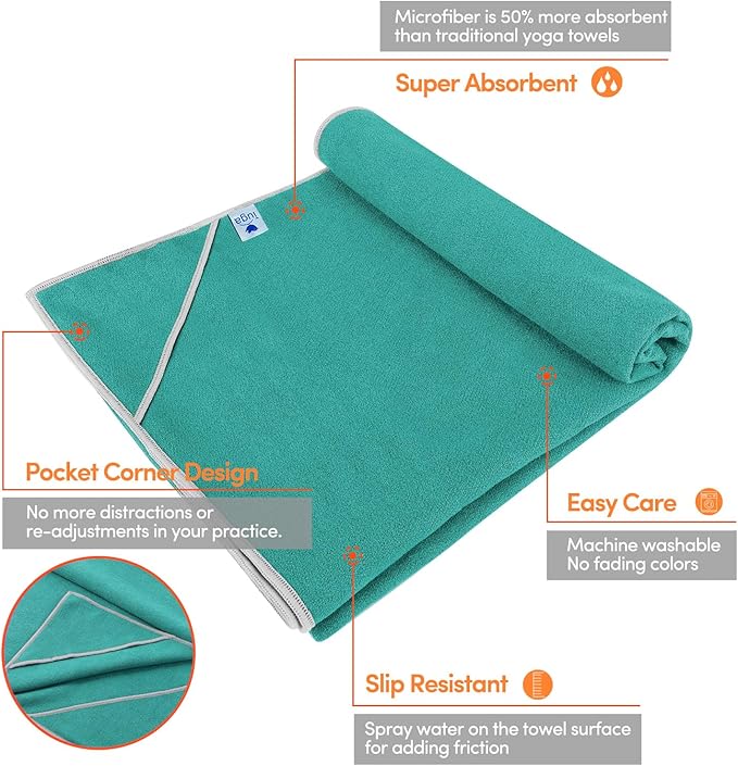 IUGA Yoga Towel for Hot Yoga Non Slip Extra Thick Yoga Mat Towel + Hand Towel 2in1 Set with Corner Pockets Super Absorbent and Quick Dry Hot Yoga Towel