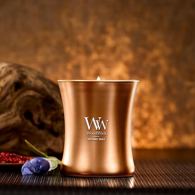 WoodWick Volcanic Orris Holiday Candle Gifts for Women and Men, 9.7 oz Precious Metals Collection with Crackling Wick