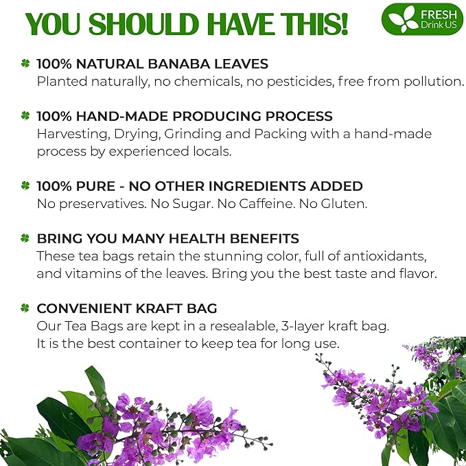 FreshDrinkUS, Premium 40 Banaba Tea Bags, 100% Natural & Pure from Banaba Leaves. Loose Leaf Banaba Herbal Tea. No Sugar, No Caffeine, No Gluten, Vegan.