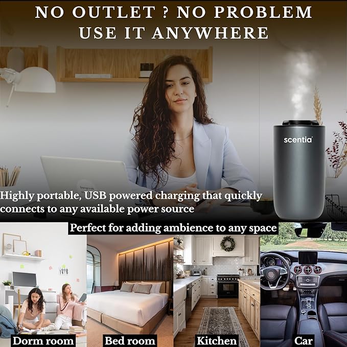 Scentia MiniPod Waterless Essential Oil Diffuser Starter Kit & Smart Car Freshener – Dual Car/Home Modes, Auto Shut-Off, 3 Mist/Ambient Light Levels, Portable Rechargeable Nebulizer – Titanium