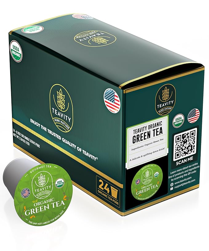 Organic Green Tea Pods for Keurig - Unsweetened Green Tea for K Cup Machines by Teavity (24 Tea Pods)