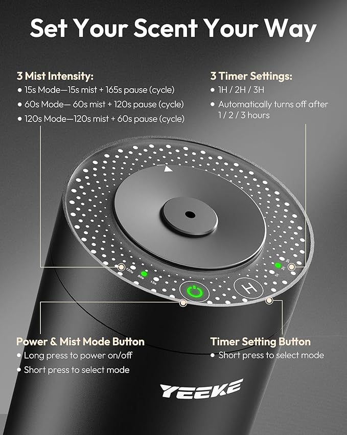 Waterless Essential Oil Diffuser – Portable Aromatherapy Diffuser with 20mL Capacity, 3 Timer & Mist Modes, Battery Operated Scent Air Machine for Home, Office, Car – Black