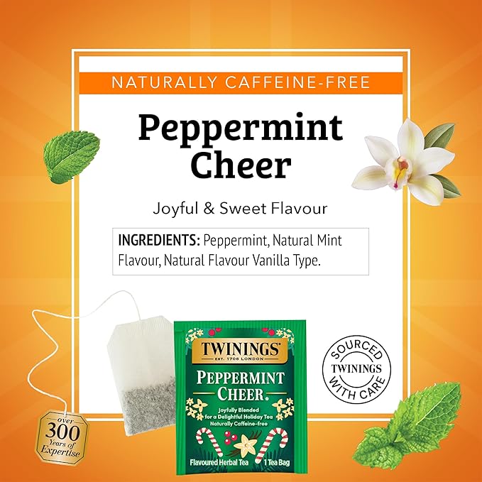 Twinings Peppermint Cheer Herbal Tea Individually Wrapped Bags, 20 Count (Pack of 2), Peppermint & Vanilla, Naturally Caffeine-Free, Enjoy Hot or Iced, 20 Teabags