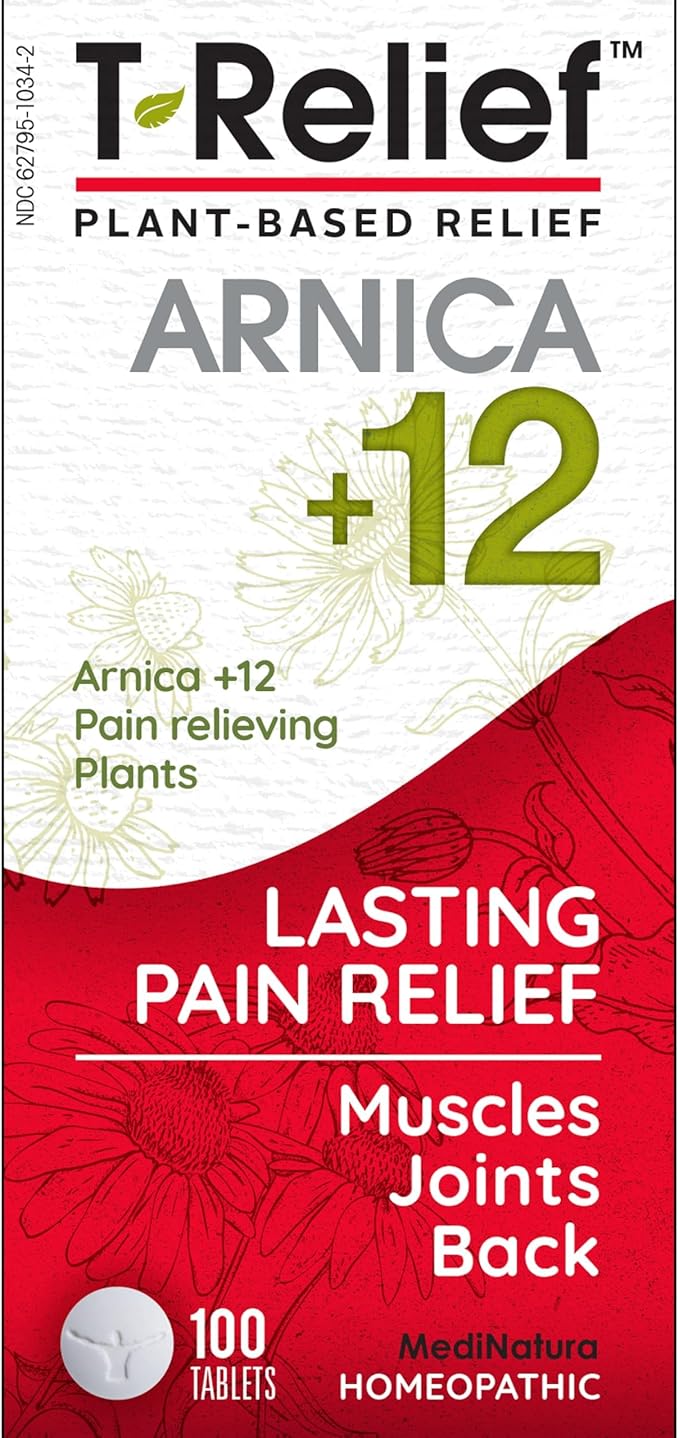 MediNatura T-Relief Pain - Arnica Medication for Naturally Soothing Body Aches - Supports Muscle, Joint & Back Relief - Chewable Tablets - Plant-Based Tablets - Non-Addictive - 100 Count - 2 Pack