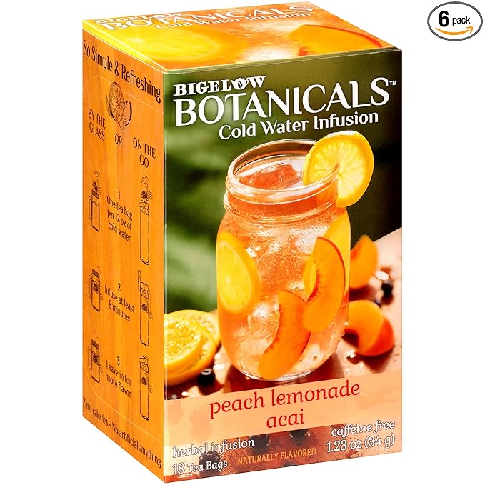 Bigelow Botanicals Cold Water Infusion Peach Lemonade with Acai, Caffeine Free Herbal Tea with Peach and Lemonade Flavor, 18 Count Box (Pack of 6), 108 Total Tea Bags