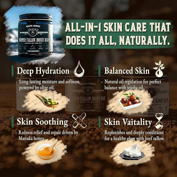 Organic Beef Tallow for Skin -2OZ (Eucalyptus, Concentrated) — Grass Fed Beef Tallow for face + Body — US-Made Tallow and Honey Balm Moisturizer for Dry & Sensitive Skin,Eczema,Rosacea (No Additives)