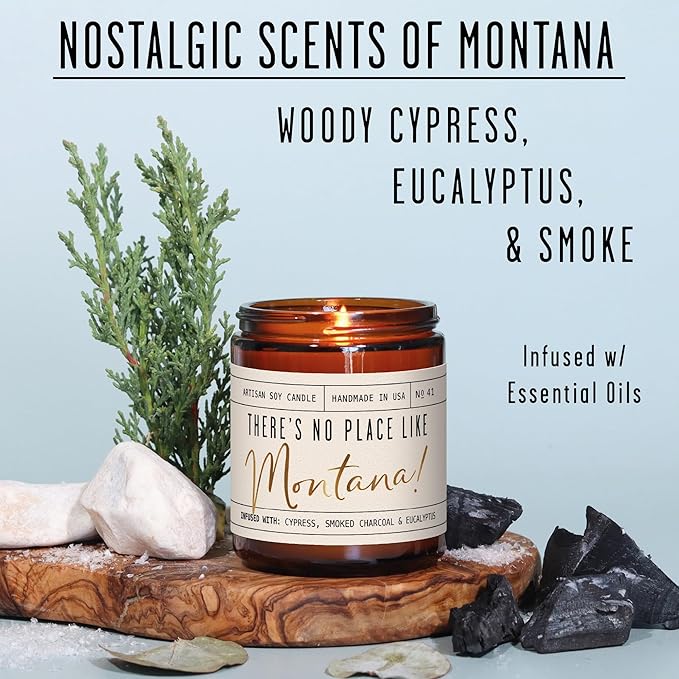 Montana Gifts, Montana Decor for Home - 'There's No Place Like Montana Candle, w/Cypress, Eucalyptus & Smoke I Montana Souvenirs I Montana State Gifts I 9oz Jar, 50Hr Burn, USA Made