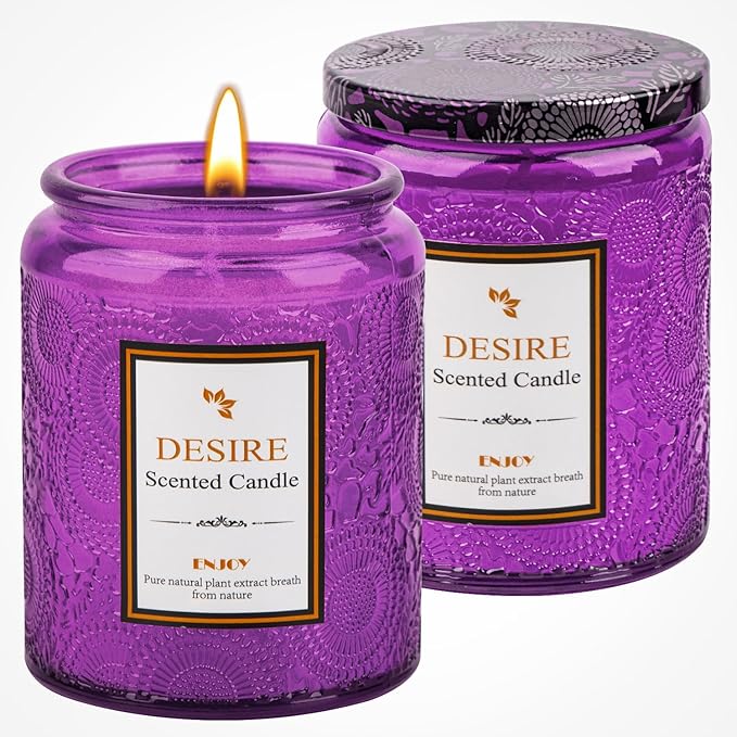 Aroma Lavender Jar Candle - 100% Natural Soy Wax - 50-Hour Burn Time | 7.5oz Soy Wax Candles | Long-Lasting | Stress Relief | Fresh Home Fragrance | Gift Set for Women (Purple Glass Bottle)
