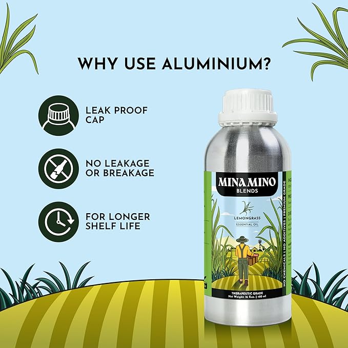 16 fl oz - Lemongrass Essential Oil (100% Pure & Natural) Large Aluminum Bottle for Aromatherapy, Diffuser, Candle & Soap Making - Minamino Blends