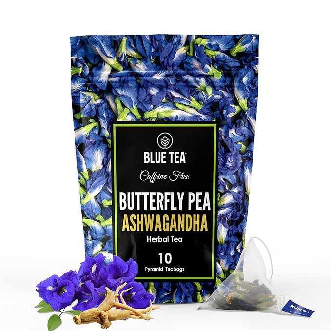 BLUE TEA - Butterfly Pea Flower Tea - Ashwagandha - 10 Count - Pyramid Plant Based Tea Bag | ANTIOXIDANT RICH | Caffeine Free - Flower Based - Herbal Tea - Non Bitter | Zipper Pack