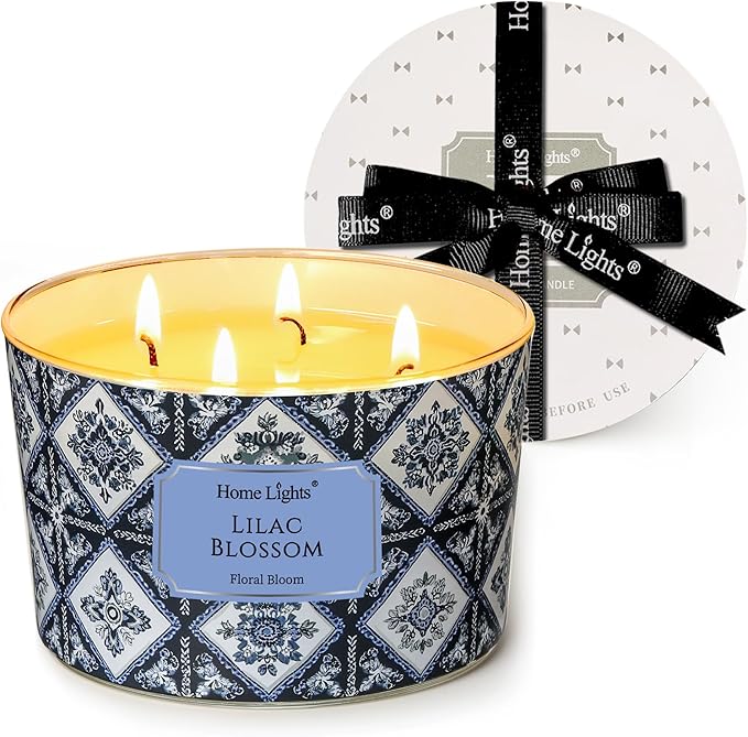 HomeLights 4-Wick Candles for Home Scented - 18oz Soy Wax Blend Candle Long-Lasting Fragrance, Bohemian Natural Textures Home Decor and Housewarming Gifts, Lilac Blossom