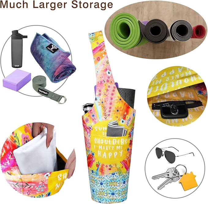 Fashion Printed Yoga Mat Bag with Large Side Pocket & Zipper Pocket Long Tote Yoga Bag Fit Most Size Mats - Holds More Yoga Accessories