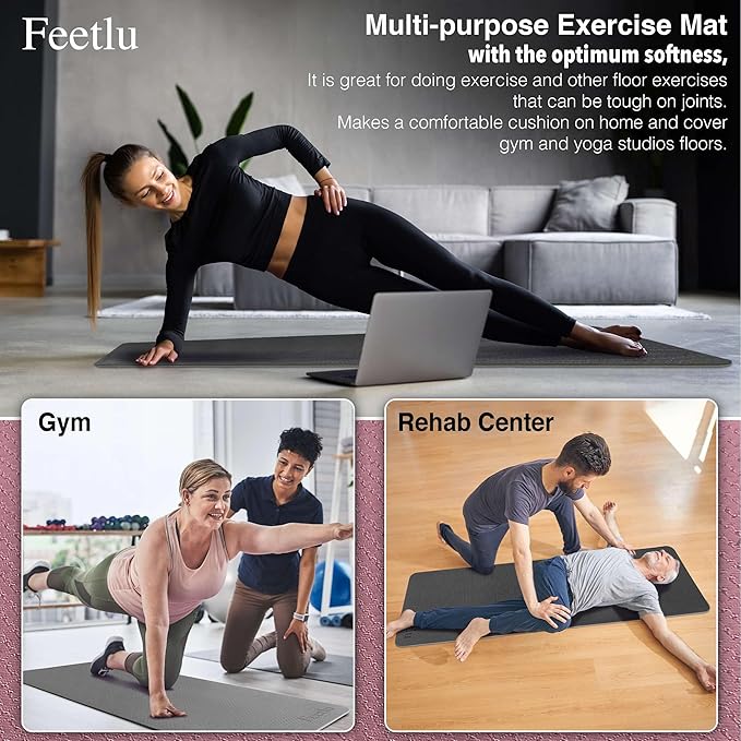 Feetlu Extra Thick Exercise Yoga Mat with Strap - 2/5 Inch (10MM), Non-Slip Workout Mat for Yoga, Pilates, and Floor Exercises