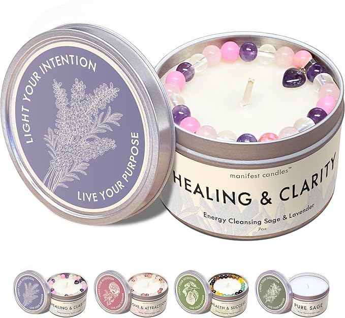 Lavender & Sage Healing Candle with Crystals Bracelet, 45 Hour Burn, Healing Spiritual Gifts for Women and Men, Healing Crystals and Stones, Manifestation Candle, Spiritual
