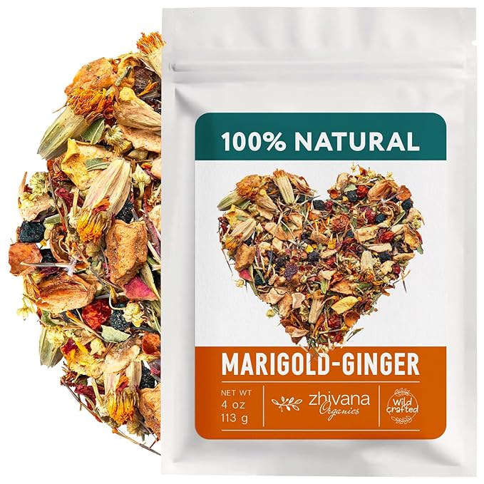 Premium Ginger Loose Leaf Tea with Marigold, Chamomile, Elderflower - Caffeine Free Herbal Tea with Real Herbs & Fruit – Te de Jengibre – 4oz.